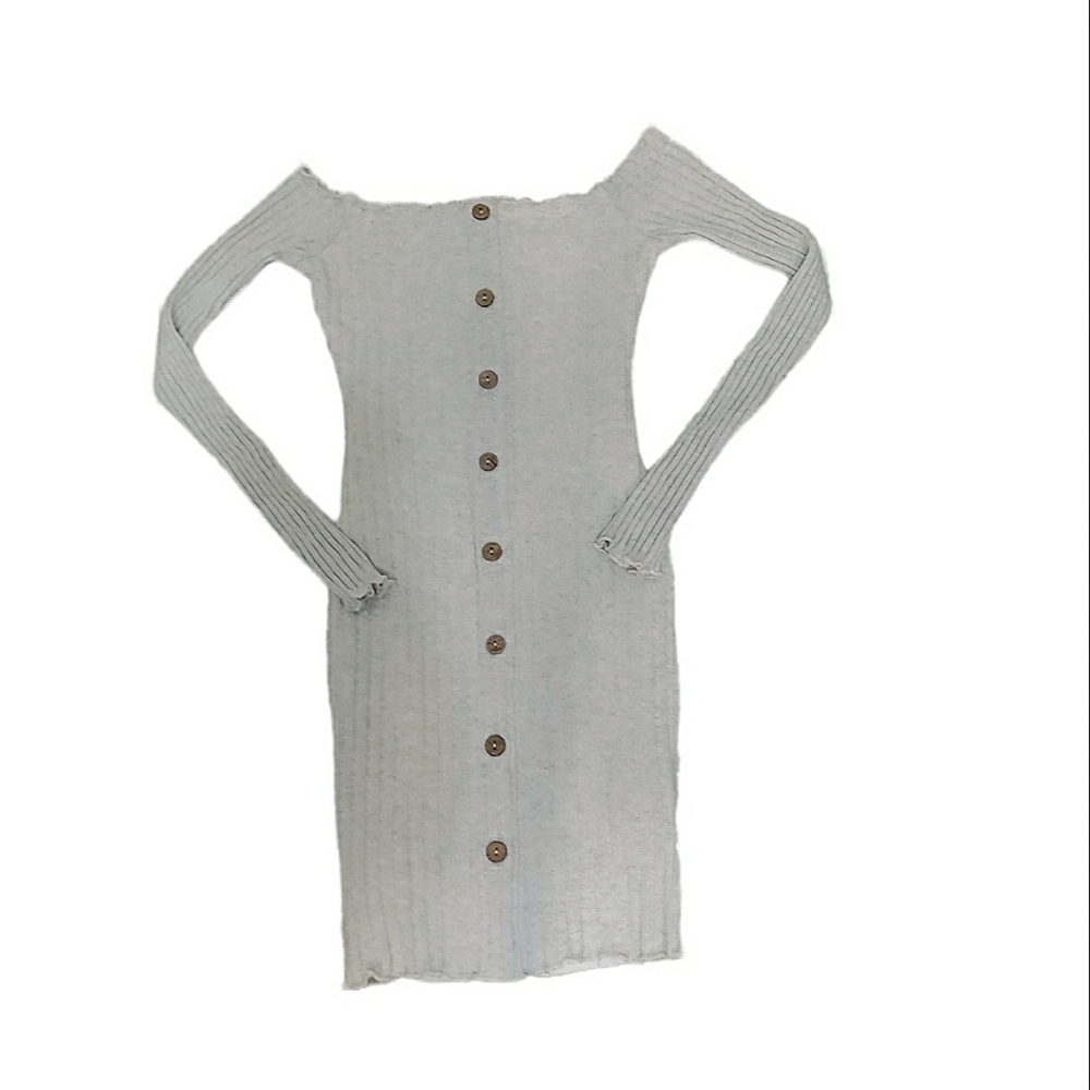 Fashion Nova Cream Ribbed Buttons Off Shoulder Long Sleeve Ruffle Bodycon Dress
